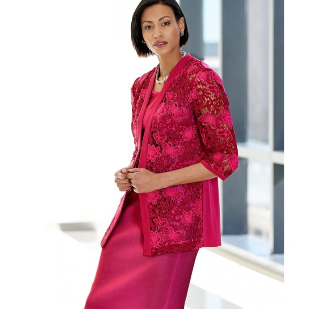 Ming Wang - Women’s Heritage Fit Floral Lace Hot Roselle Pink Jacket Size M